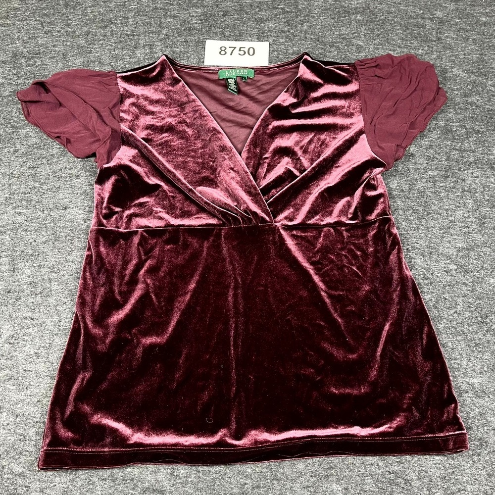 Lauren Ralph Lauren Blouse Top Womens Large Burgundy Velvet Stretch Wrap V Neck